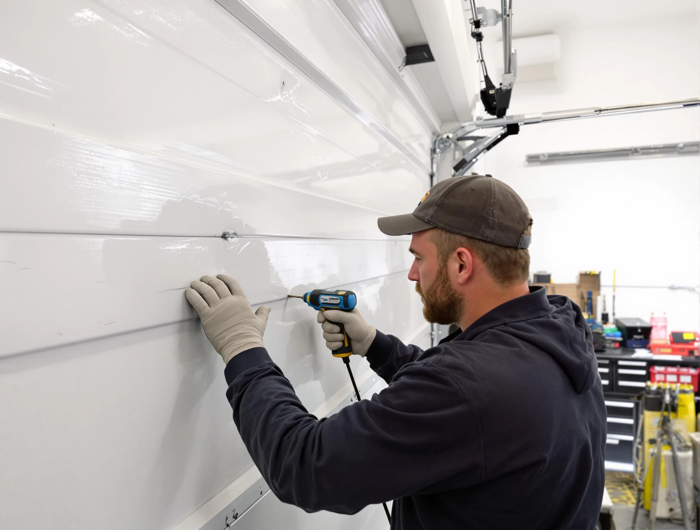 Penn Hills Garage Door Repair technician demonstrating precision dent removal techniques on a Penn Hills garage door